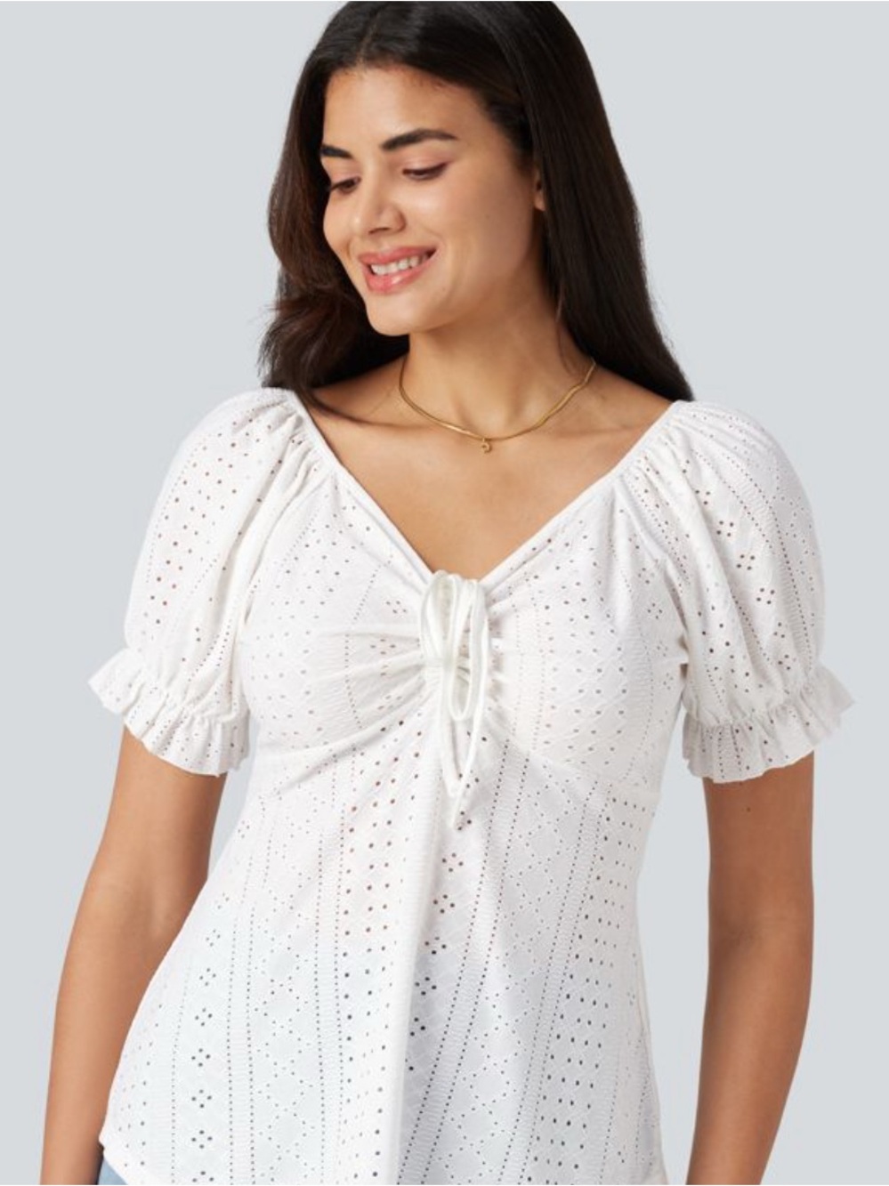 Halara V Neck Puff Short Sleeve Lace Up Eyelet Casual Blouse
